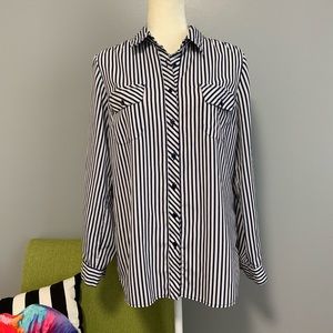 Notations Striped Button Down Top Blue White